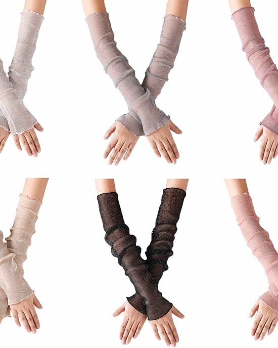 POSMA CS032Women Girls UV Protecion Long Lace Fingerless Gloves Sunblock Arm Sleeves- Six Color Bundle Set