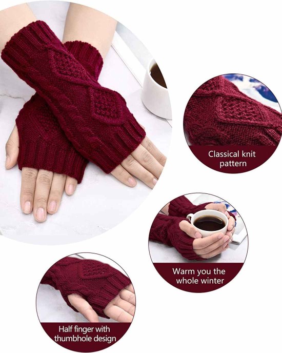 4 Pairs Women Winter Warm Knit Fingerless Gloves Thumbhole Arm Warmers Mittens