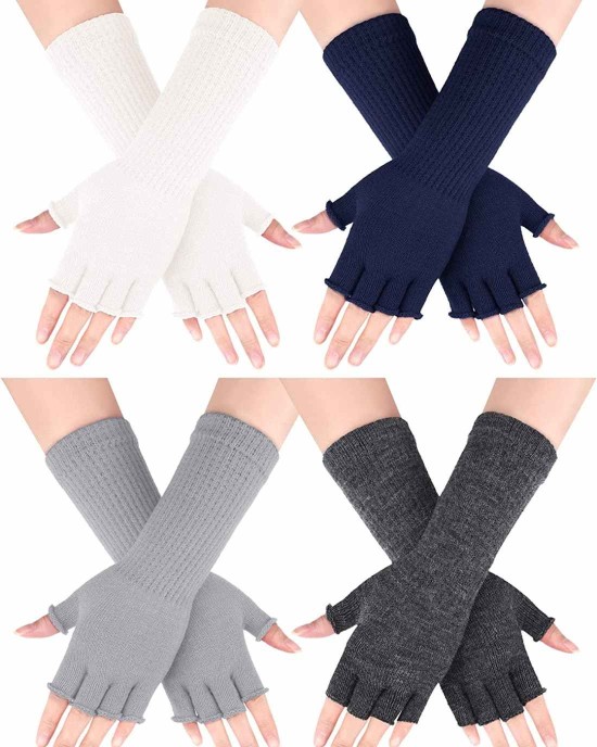 4 Pairs Women Knit Arm Warmer Long Fingerless Gloves Winter Half Finger Mittens