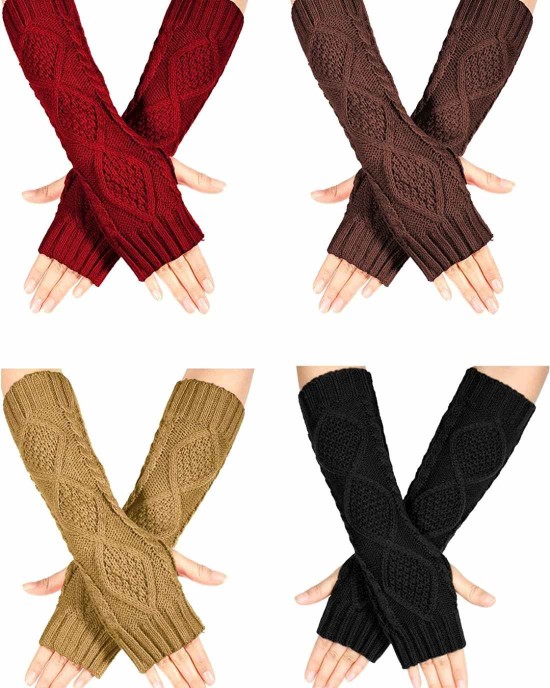 4 Pairs Winter Knit Warm Long Glove Thumbhole Fingerless Gloves Arm Warmers Glove for Women