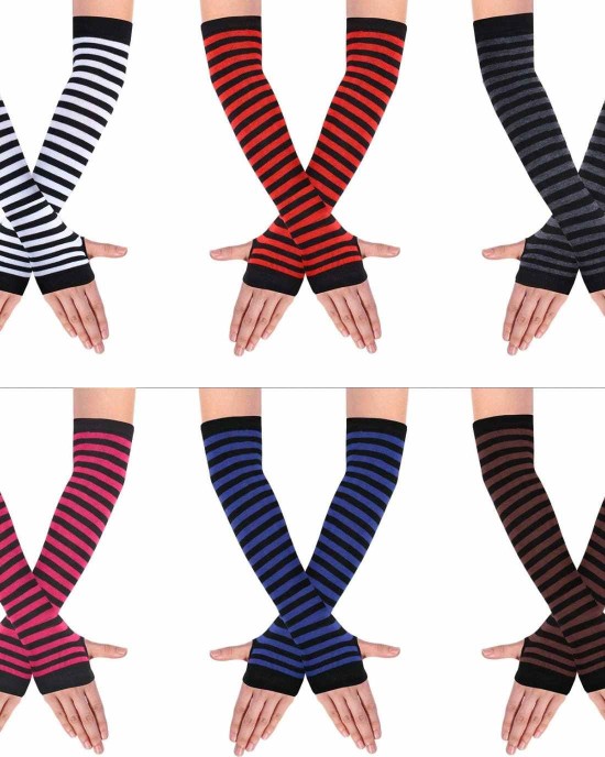 6 Pairs Knit Arm Warmer Thumb Hole Stretchy Gloves Women Long Fingerless Gloves
