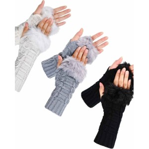 3 Pairs Fingerless Winter Gloves Faux Fur Crochet Warm Middle Length Thumb Hole Fingerless Gloves Arm Warmers