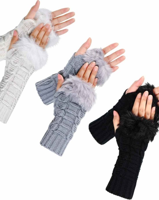 3 Pairs Fingerless Winter Gloves Faux Fur Crochet Warm Middle Length Thumb Hole Fingerless Gloves Arm Warmers