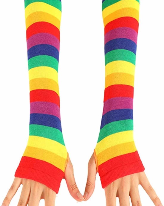 Striped Long Arm Warmer Fingerless Gloves, Knee High Socks Set, Punk Gothic Rock