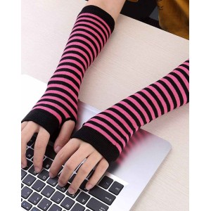 Women Long Fingerless Gloves Winter Knit Arm Warmer Thumb Hole Stretchy Gloves Striped Halloween Costume Cosplay