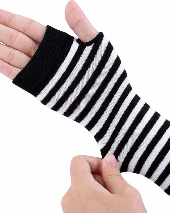 Women Long Fingerless Gloves Winter Knit Arm Warmer Thumb Hole Stretchy Gloves Striped Halloween Costume Cosplay