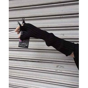 Black Gray Beige Tattered Punk Unisex Fingerless Cuff Knit Gloves Elbow Length Mittens Broken Cool Stretch Arm Warmer