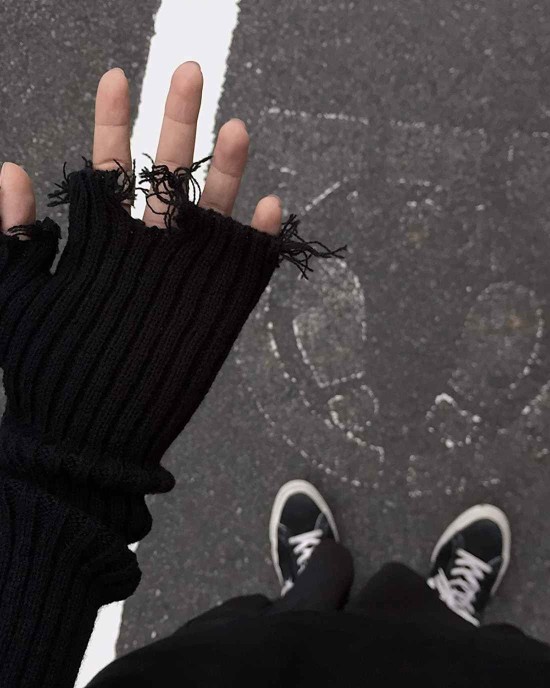 Black Gray Beige Tattered Punk Unisex Fingerless Cuff Knit Gloves Elbow Length Mittens Broken Cool Stretch Arm Warmer
