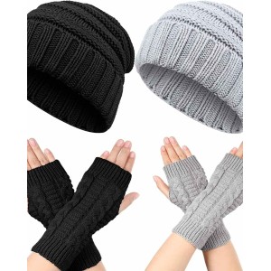 2 Pieces Women Warm Slouchy Beanie Hats with 2 Pairs Cable Knit Fingerless Gloves Thumbhole Arm Warmers