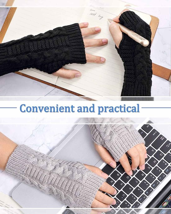 2 Pieces Women Warm Slouchy Beanie Hats with 2 Pairs Cable Knit Fingerless Gloves Thumbhole Arm Warmers