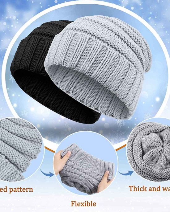 2 Pieces Women Warm Slouchy Beanie Hats with 2 Pairs Cable Knit Fingerless Gloves Thumbhole Arm Warmers
