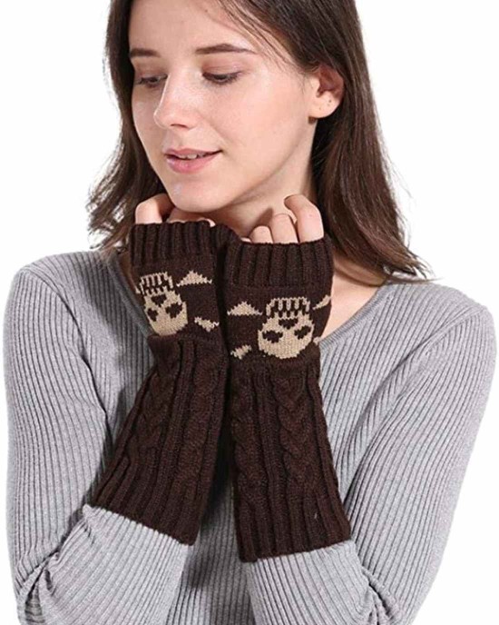 Urieo Winter Arms Warmers Acrylic Skull Knit Warm Thumb Hole Gloves Mittens for Women