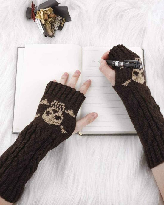Urieo Winter Arms Warmers Acrylic Skull Knit Warm Thumb Hole Gloves Mittens for Women