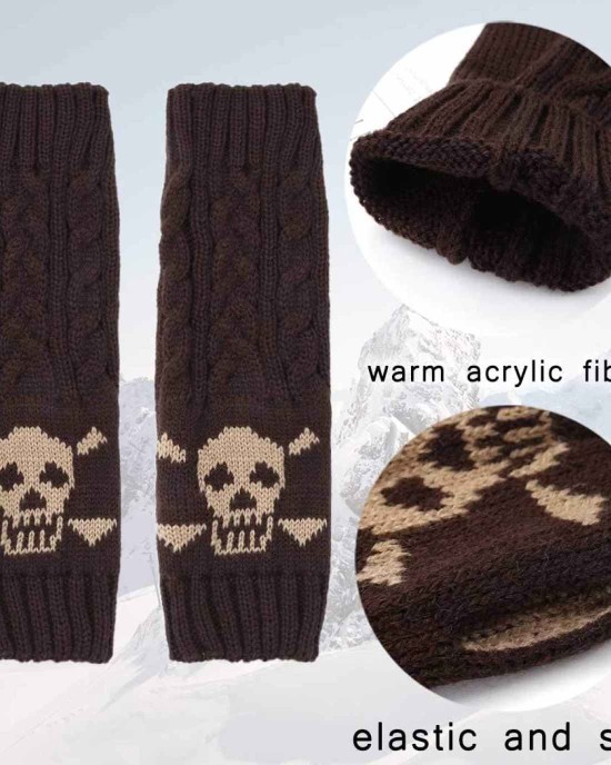 Urieo Winter Arms Warmers Acrylic Skull Knit Warm Thumb Hole Gloves Mittens for Women