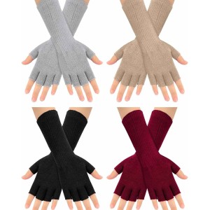 4 Pairs Long Fingerless Gloves 11Inch Winter Knit Arm Warmer Half Finger Gloves Unisex