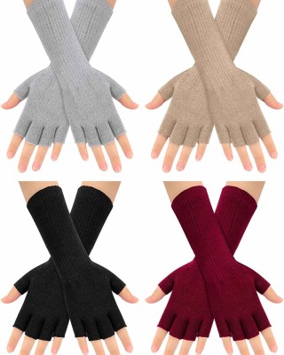 4 Pairs Long Fingerless Gloves 11Inch Winter Knit Arm Warmer Half Finger Gloves Unisex