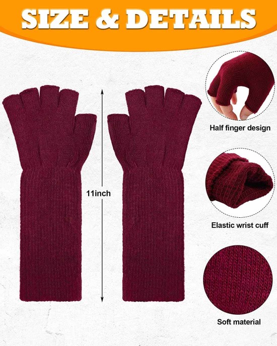 4 Pairs Long Fingerless Gloves 11Inch Winter Knit Arm Warmer Half Finger Gloves Unisex