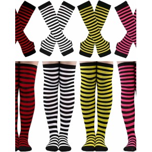 Elfcool 4 Sets Womens Long Striped Knee High Socks Knit Fingerless Arm Warmers for Halloween Christmas