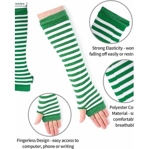 Elfcool 4 Sets Womens Long Striped Knee High Socks Knit Fingerless Arm Warmers for Halloween Christmas