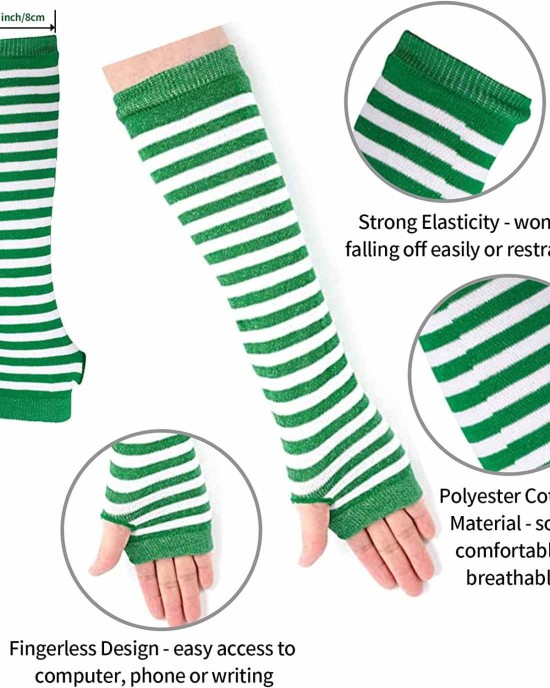 Elfcool 4 Sets Womens Long Striped Knee High Socks Knit Fingerless Arm Warmers for Halloween Christmas