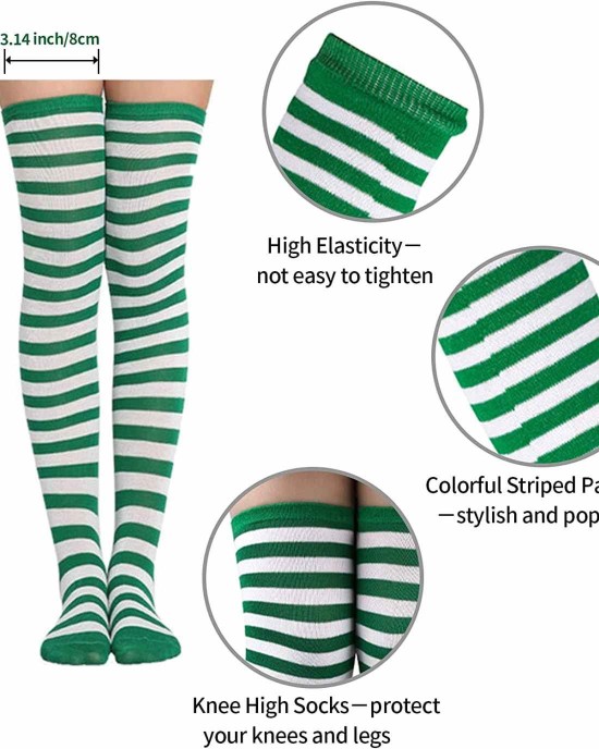 Elfcool 4 Sets Womens Long Striped Knee High Socks Knit Fingerless Arm Warmers for Halloween Christmas