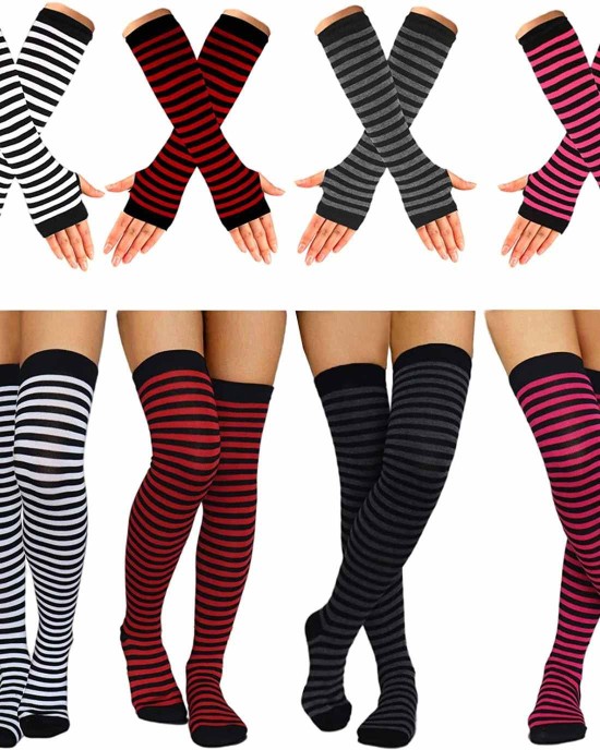 Ibeauti 8 Pcs Womens Striped Knee High Socks Stockings Knitted Long Arm Warmer Fingerless Gloves Set