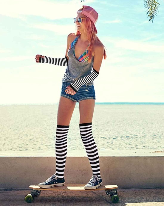 Ibeauti 8 Pcs Womens Striped Knee High Socks Stockings Knitted Long Arm Warmer Fingerless Gloves Set