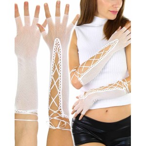 ToBeInStyle Women's Lace Up Wrist or Elbow Length Fishnet Fingerless Arm Warmer Gloves