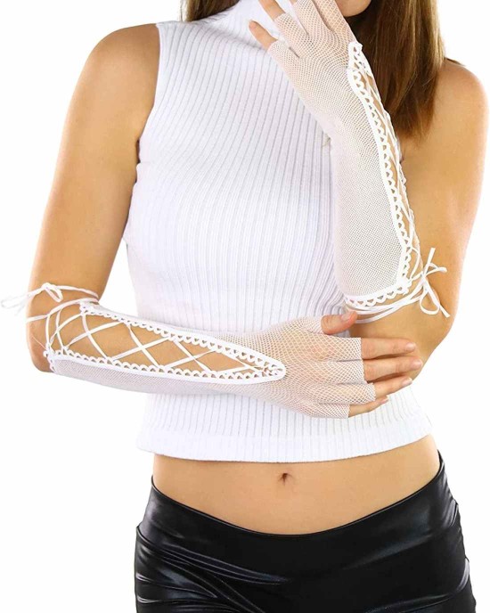ToBeInStyle Women's Lace Up Wrist or Elbow Length Fishnet Fingerless Arm Warmer Gloves