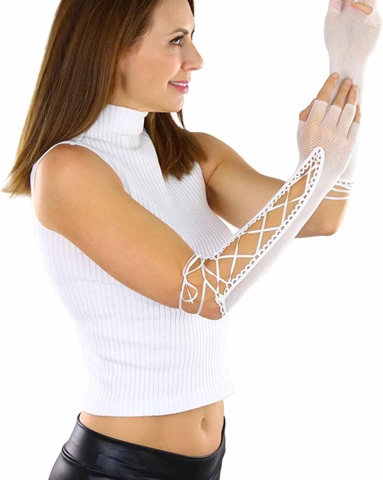 ToBeInStyle Women's Lace Up Wrist or Elbow Length Fishnet Fingerless Arm Warmer Gloves