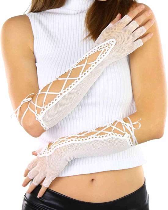 ToBeInStyle Women's Lace Up Wrist or Elbow Length Fishnet Fingerless Arm Warmer Gloves