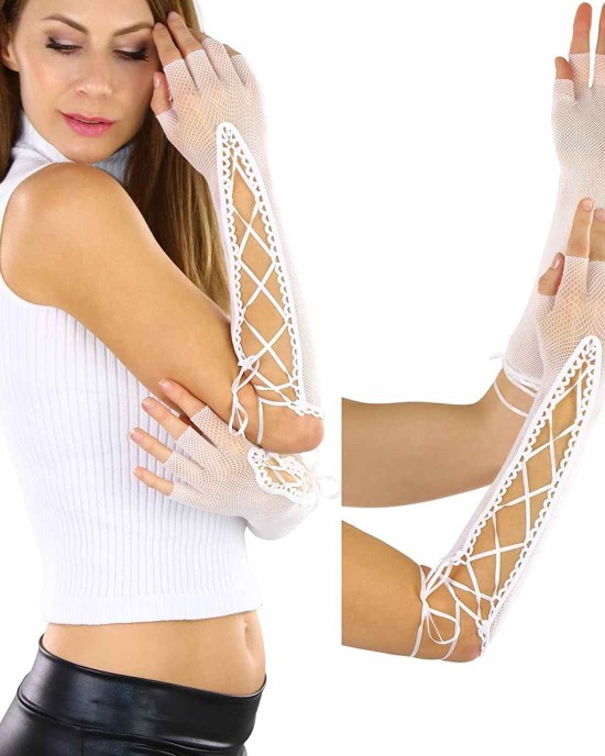 ToBeInStyle Women's Lace Up Wrist or Elbow Length Fishnet Fingerless Arm Warmer Gloves