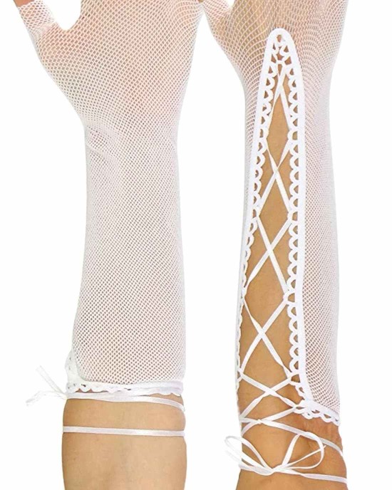 ToBeInStyle Women's Lace Up Wrist or Elbow Length Fishnet Fingerless Arm Warmer Gloves