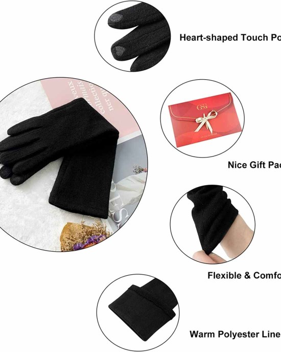 GSG Women Faux Wool Gloves Short Warm Embroidery Knitted Touchscreen Gloves
