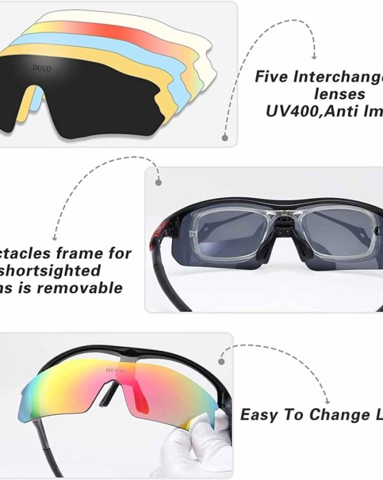 Duco Polarized Sports Cycling Sunglasses for Men with 5 Interchangeable Lenses for Running Golf Fishing Hiking Baseball