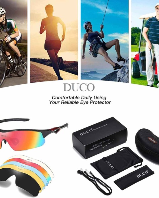 Duco Polarized Sports Cycling Sunglasses for Men with 5 Interchangeable Lenses for Running Golf Fishing Hiking Baseball