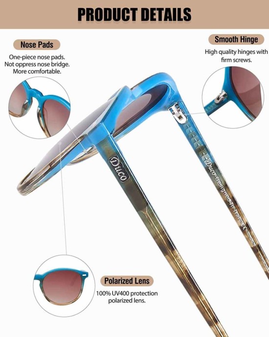 DUCO Retro Round UV400 Polarized Sunglasses for Women Men Vintage Shades Classic Acetate Frame Trendy Sunglass DC1230