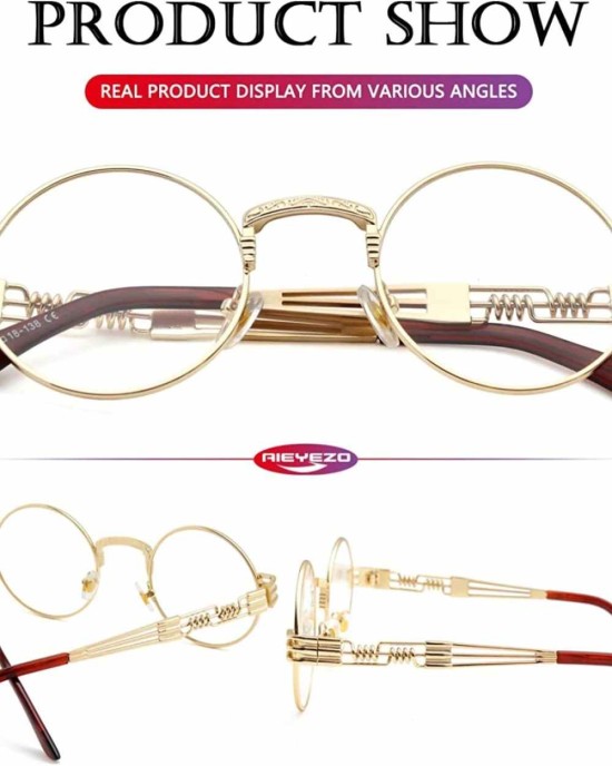 AIEYEZO Round Steampunk Sunglasses John Lennon Hippie Glasses Metal Frame 100% UV Blocking Lens