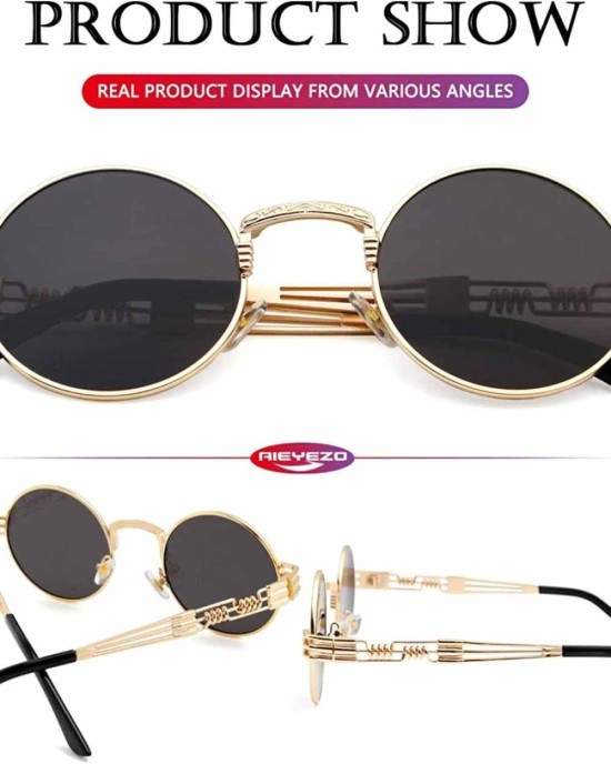 AIEYEZO Round Steampunk Sunglasses John Lennon Hippie Glasses Metal Frame 100% UV Blocking Lens