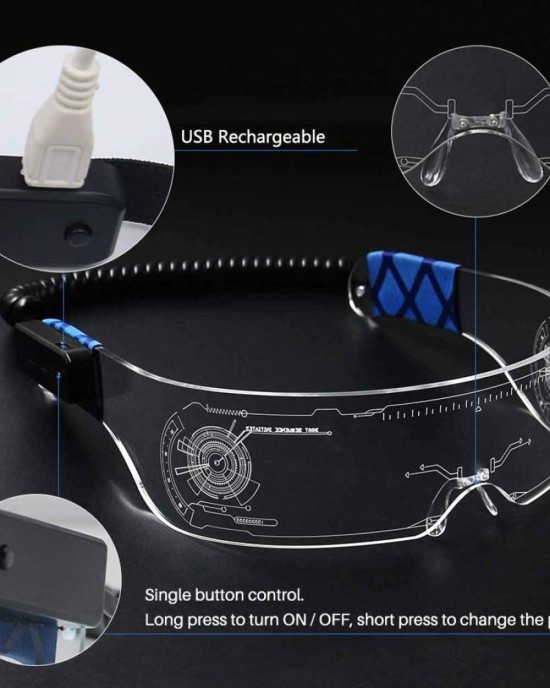 SAFEBAO LED Light Up Glasses for adult with 7 Colors and 4 Modes Rechargeable Futuristic style Glasses