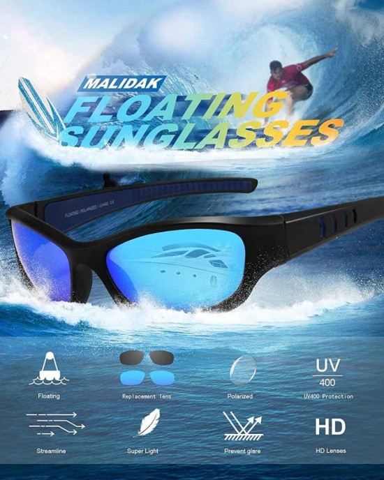 MALIDAK Polarized Floating Sunglasses for Men Women with Case 2 Pairs Lens