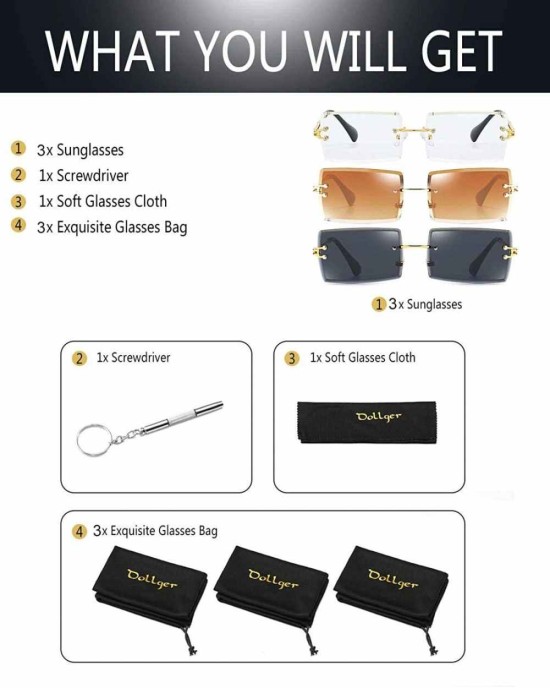 Dollger Rimless Rectangle Sunglasses for Women Fashion Frameless Square Glasses for Men Ultralight UV400 Eyewear Unisex