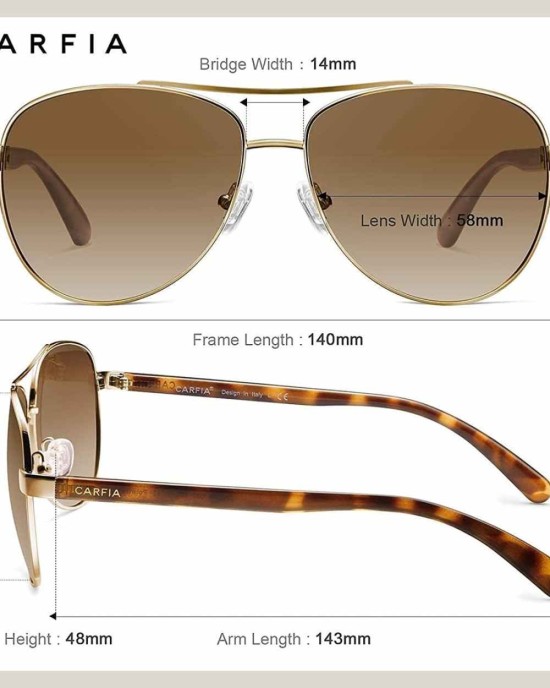 Carfia Polarized Sunglasses for Women UV Protection Lightweight Metal Frame Classic Pilot Ladies Safety Glasses CA3216