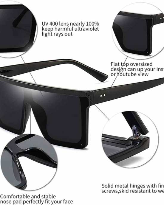 Oversized Flat Top Sunglasses for Women Mens Trendy UV 400 Protection Big Sun Glasses Shades