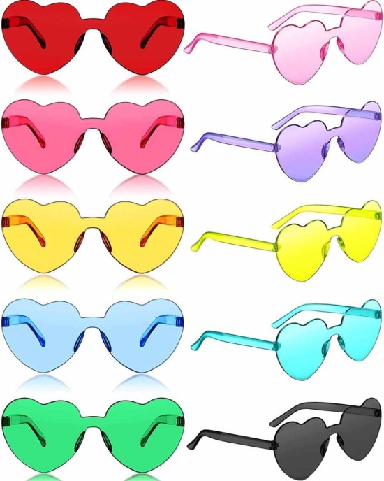 20 Pairs Heart Shaped Rimless Sunglasses Transparent Candy Color Frameless Glasses Trendy Eyewear, 10 Colors