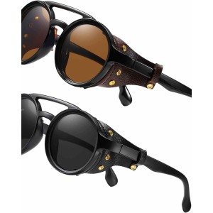 KEITHION Steampunk Style Round Vintage Sunglasses Retro Eyewear For Men Women With Leather Side Glasses