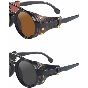 KEITHION Steampunk Style Round Vintage Sunglasses Retro Eyewear For Men Women With Leather Side Glasses