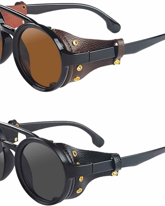 KEITHION Steampunk Style Round Vintage Sunglasses Retro Eyewear For Men Women With Leather Side Glasses