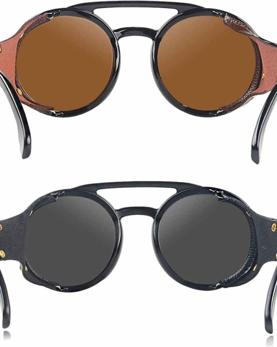 KEITHION Steampunk Style Round Vintage Sunglasses Retro Eyewear For Men Women With Leather Side Glasses