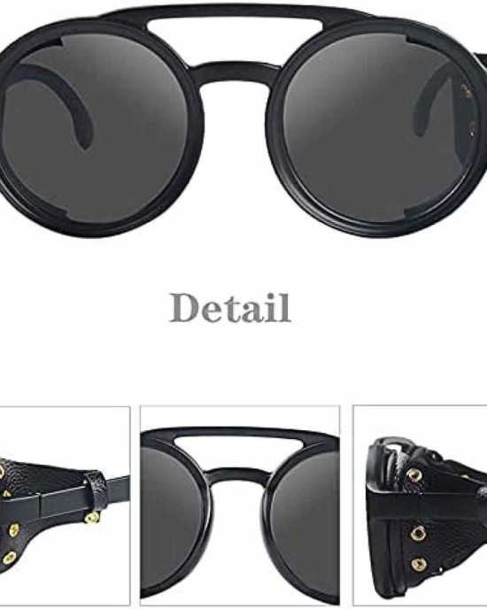KEITHION Steampunk Style Round Vintage Sunglasses Retro Eyewear For Men Women With Leather Side Glasses